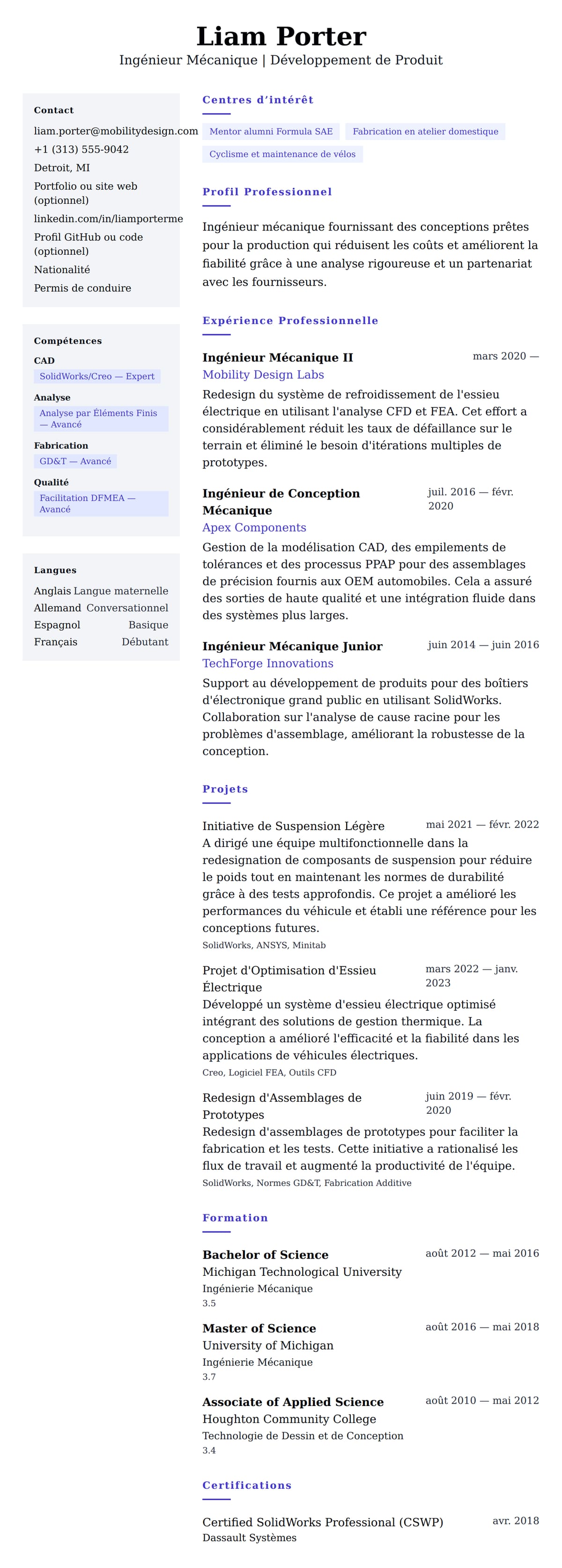 Aperçu du CV Exemple de CV d'Ingénieur Mécanique