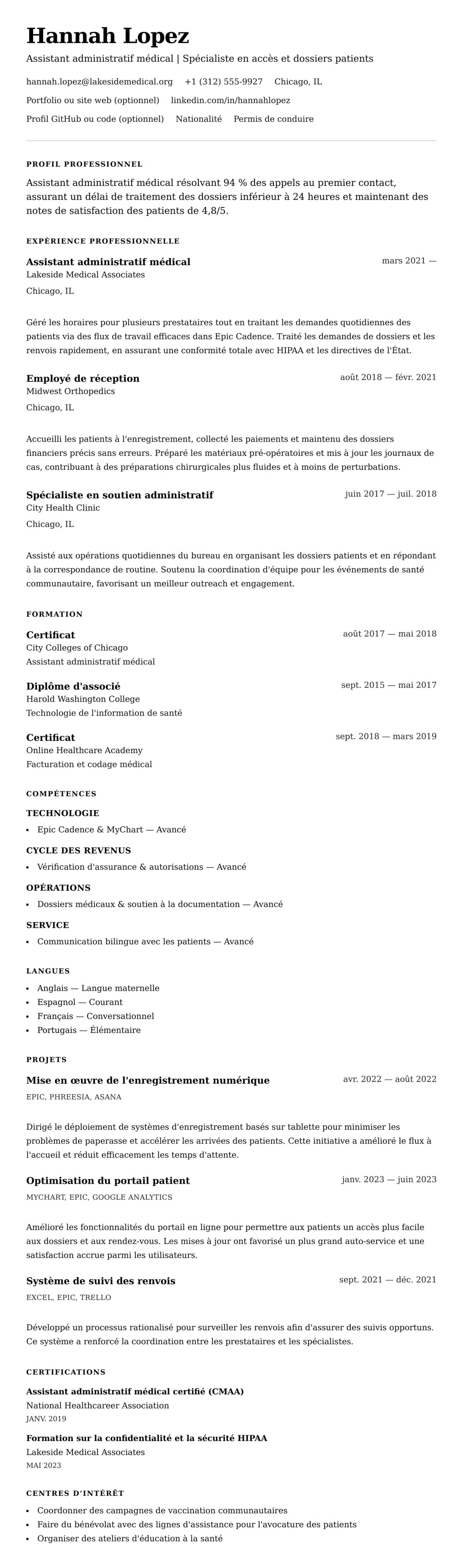 Aperçu du CV Exemple de CV d'Assistant administratif médical