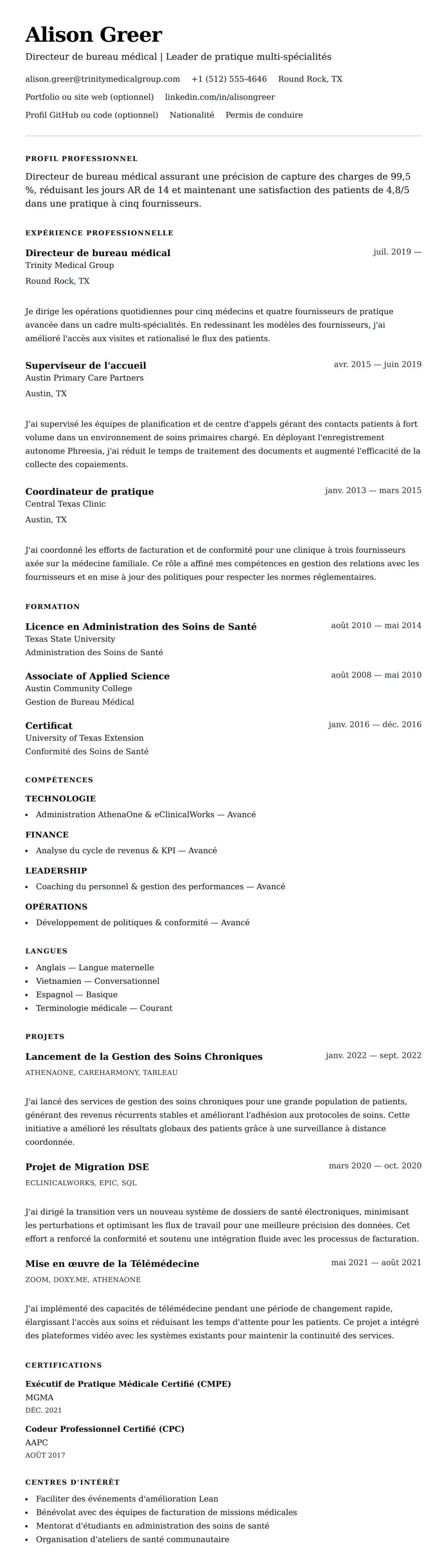 Aperçu du CV Exemple de CV de Directeur de bureau médical