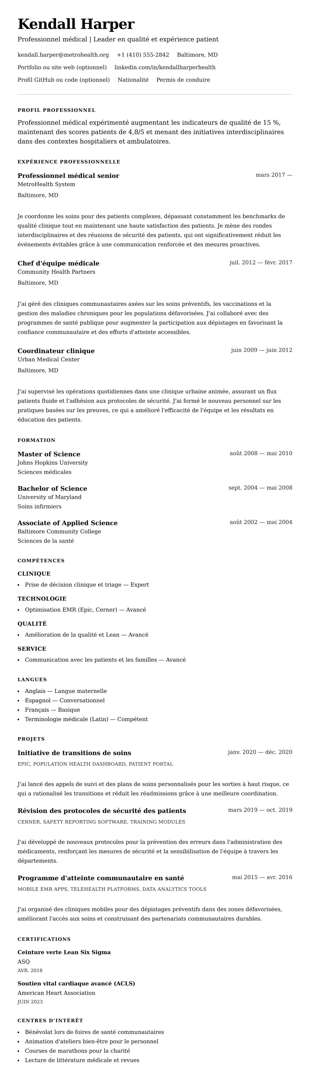 Aperçu du CV Exemple de CV pour professionnel médical