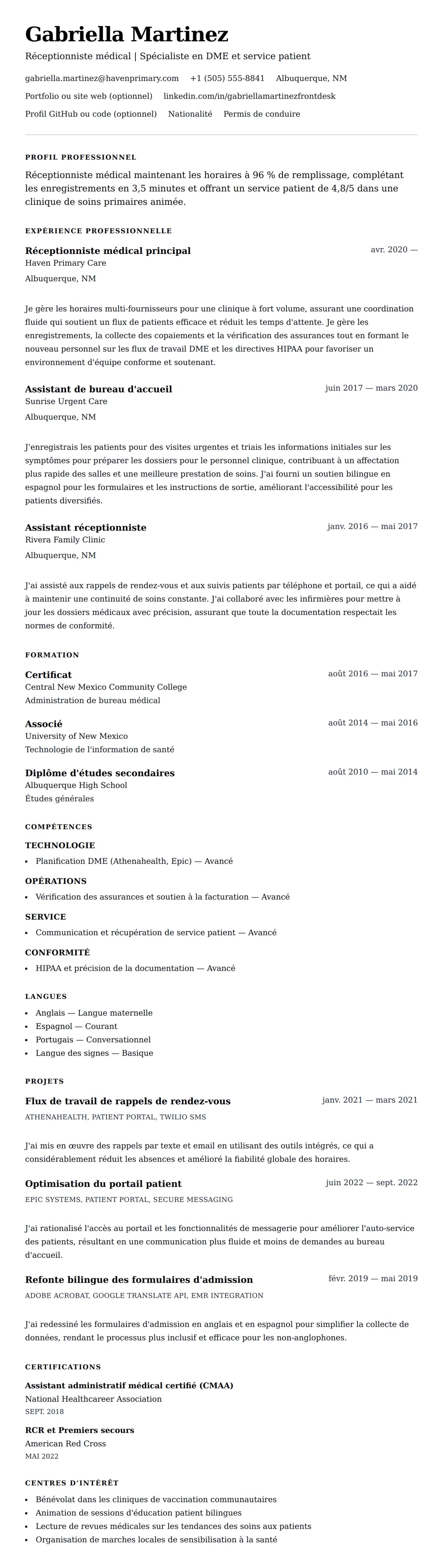 Aperçu du CV Exemple de CV de réceptionniste médical