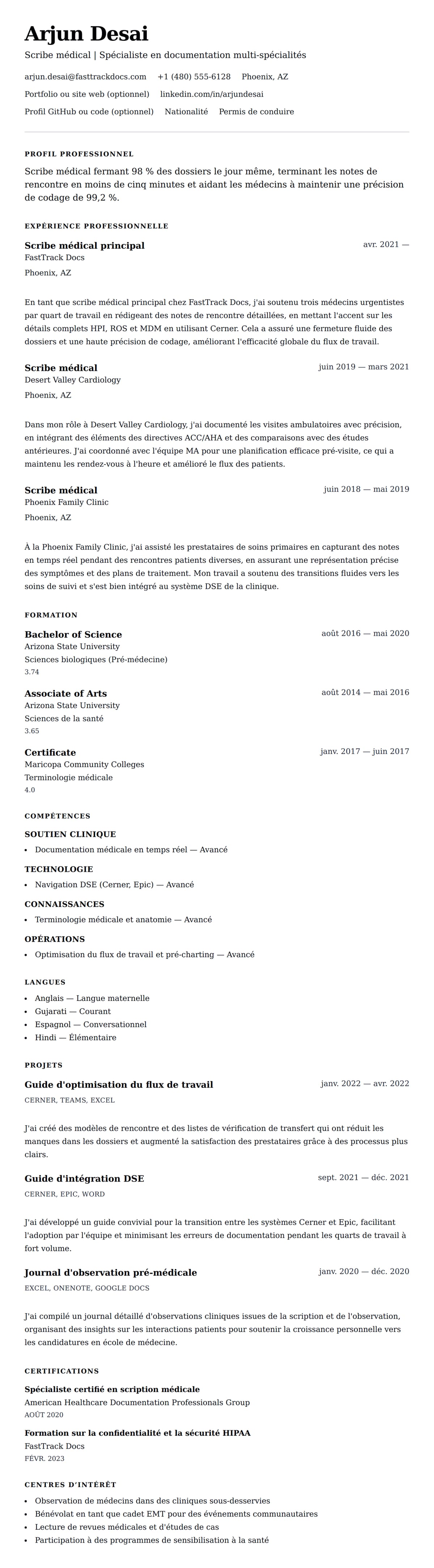 Aperçu du CV Exemple de CV de Scribe Médical