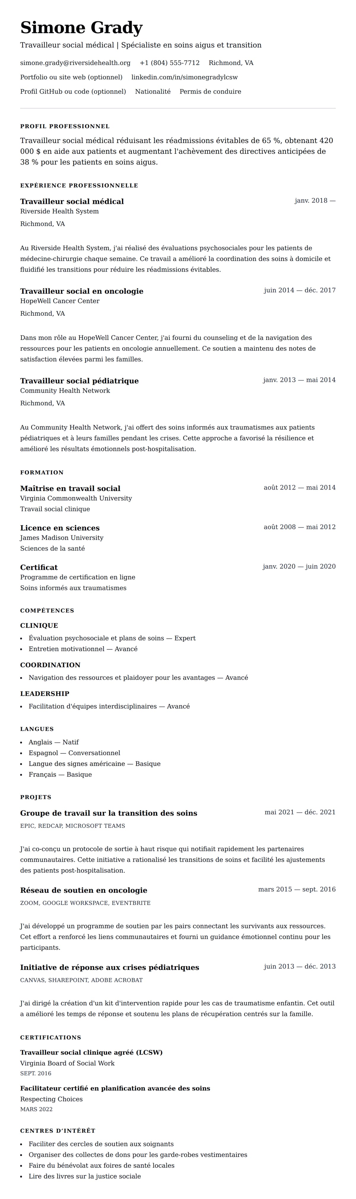 Aperçu du CV Exemple de CV de travailleur social médical