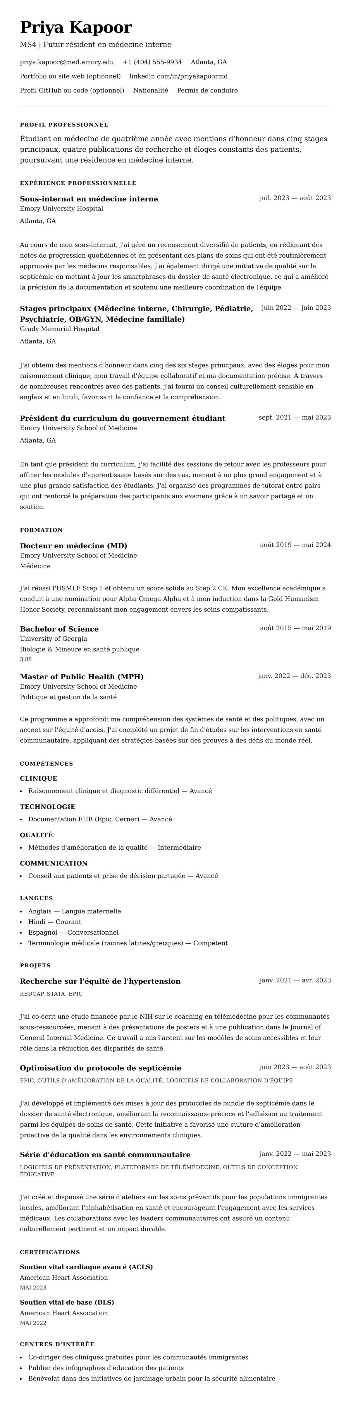 Aperçu du CV Exemple de CV d'étudiant en médecine