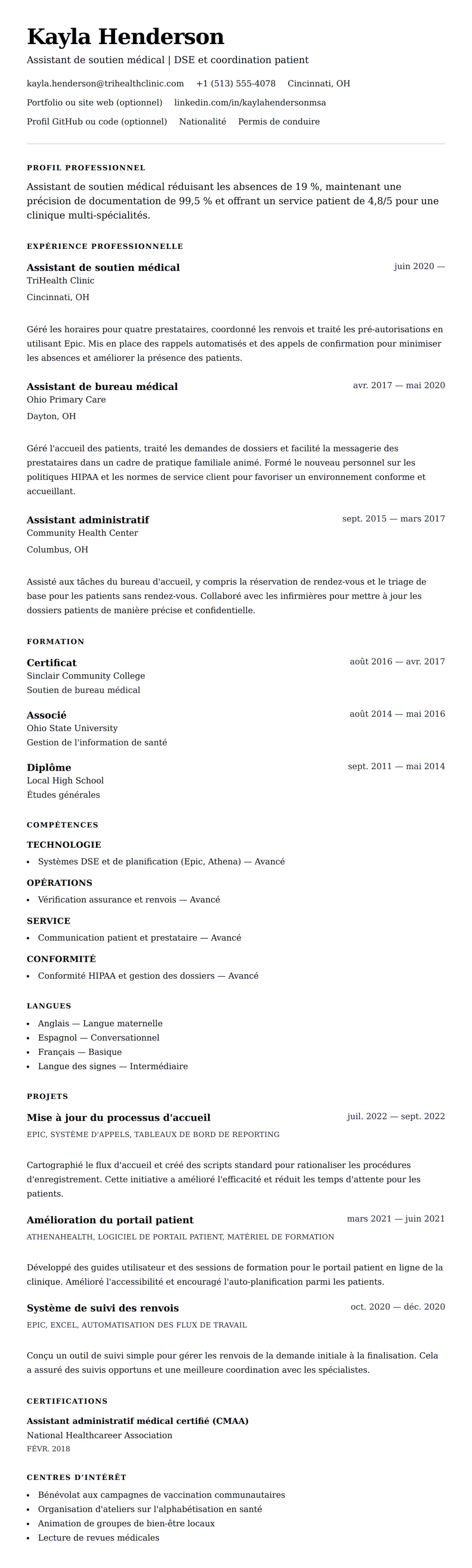 Aperçu du CV Exemple de CV d'Assistant de soutien médical