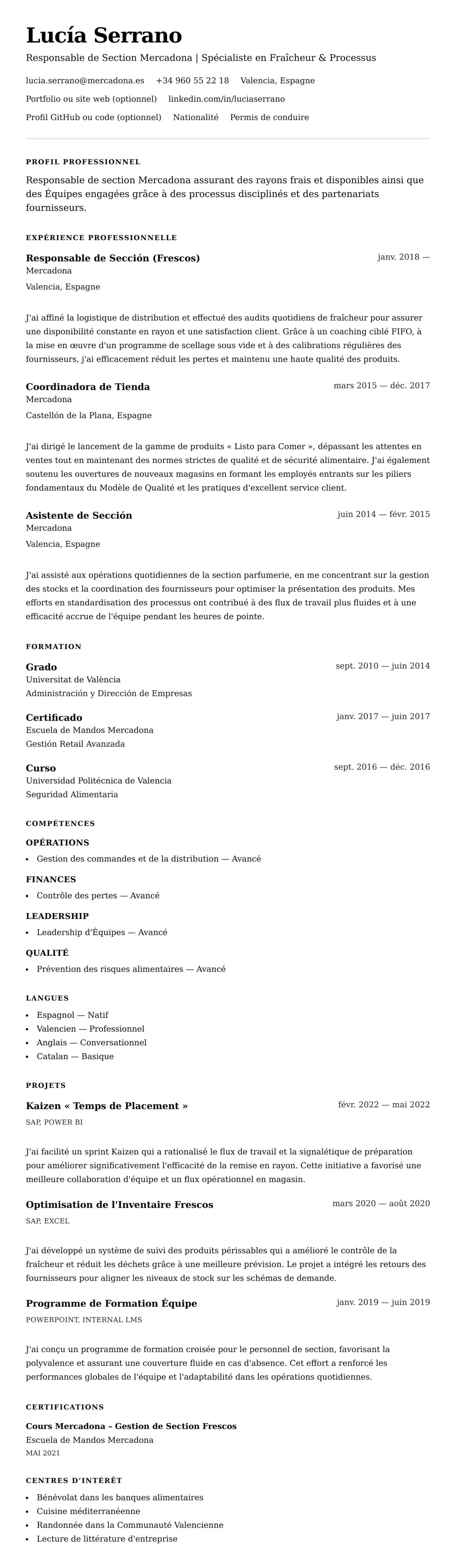 Aperçu du CV Exemple de CV de Responsable de Section Mercadona