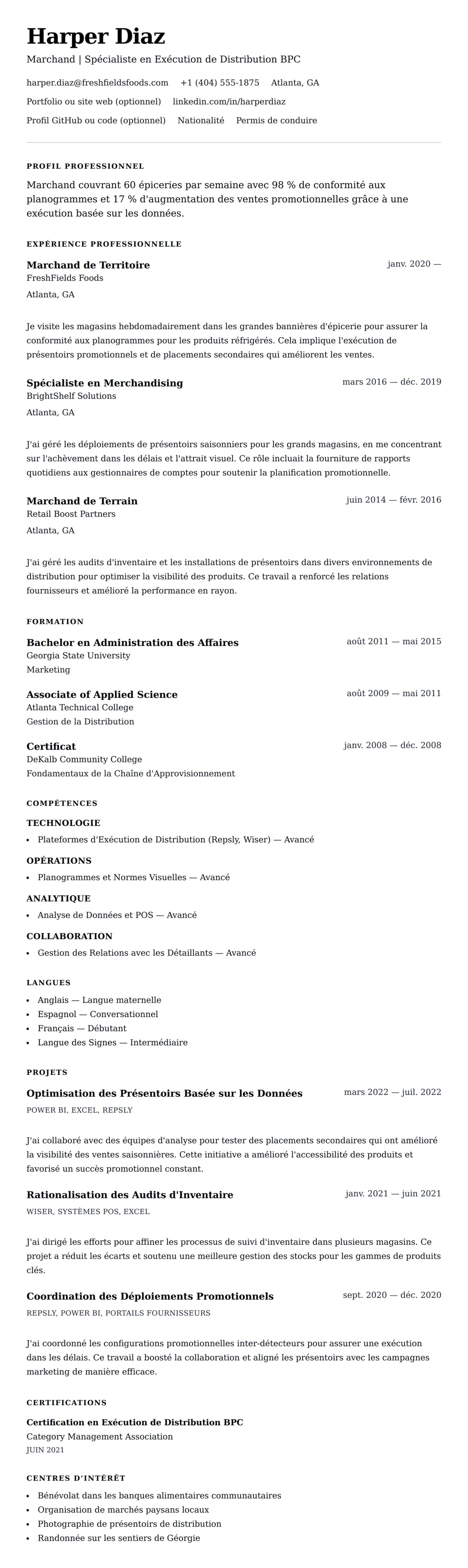 Aperçu du CV Exemple de CV de Marchand