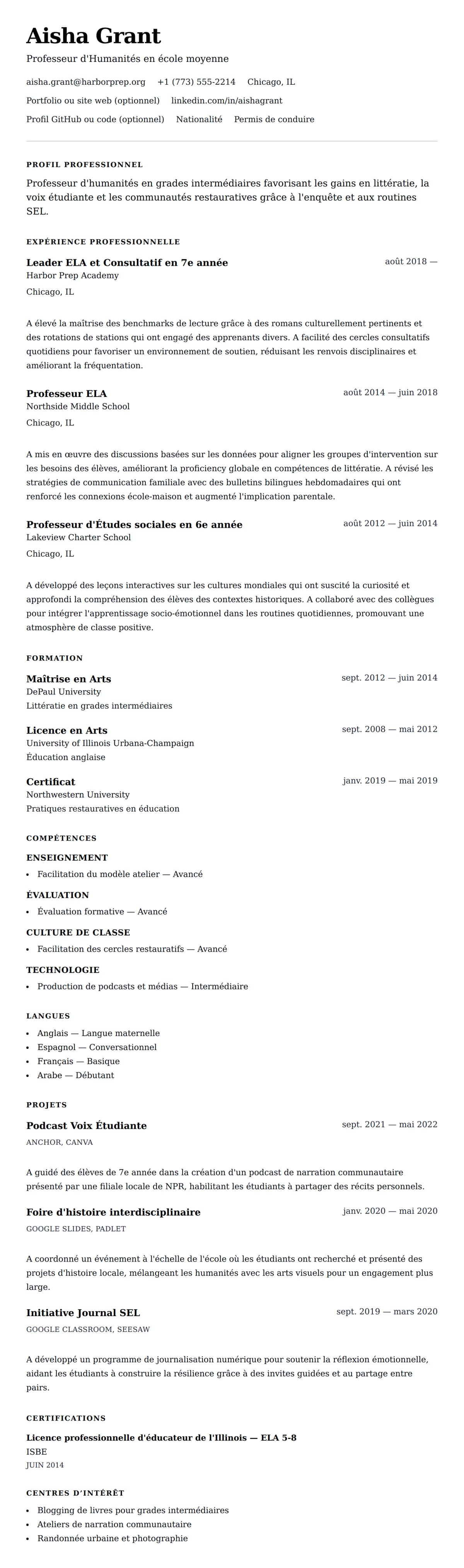 Aperçu du CV Exemple de CV pour Professeur d'école moyenne