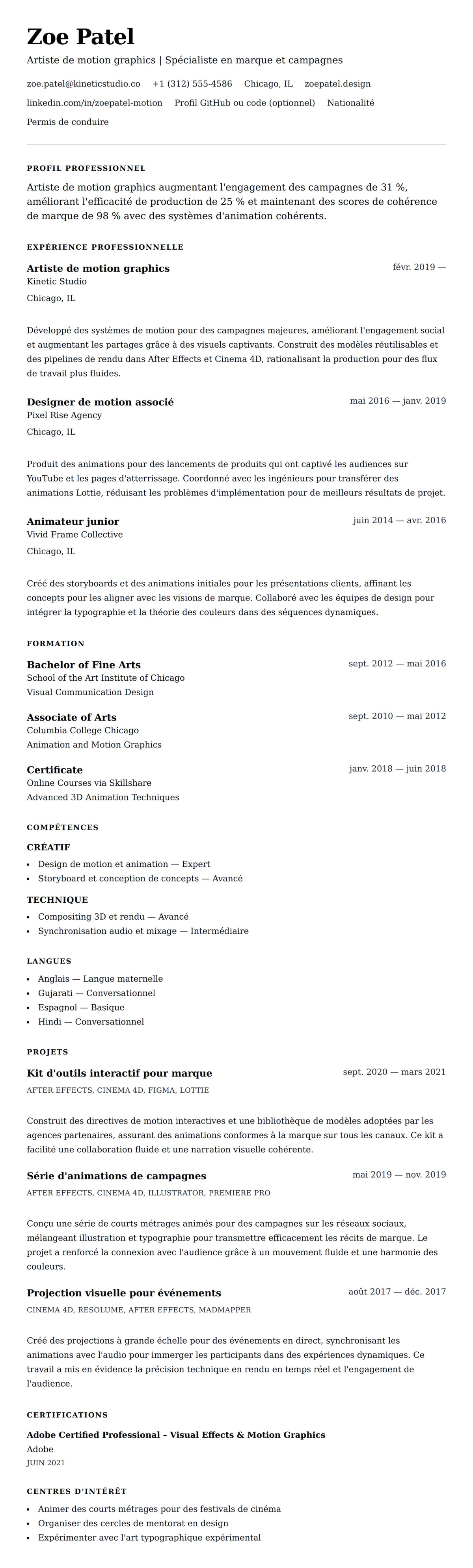 Aperçu du CV Exemple de CV pour Artiste de motion graphics