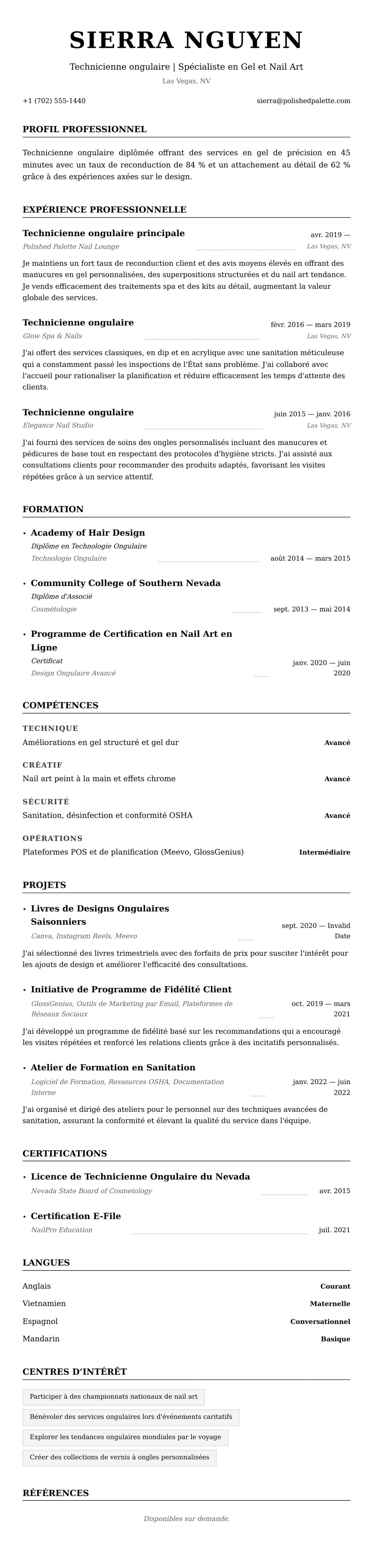 Aperçu du CV Exemple de CV de Technicienne ongulaire