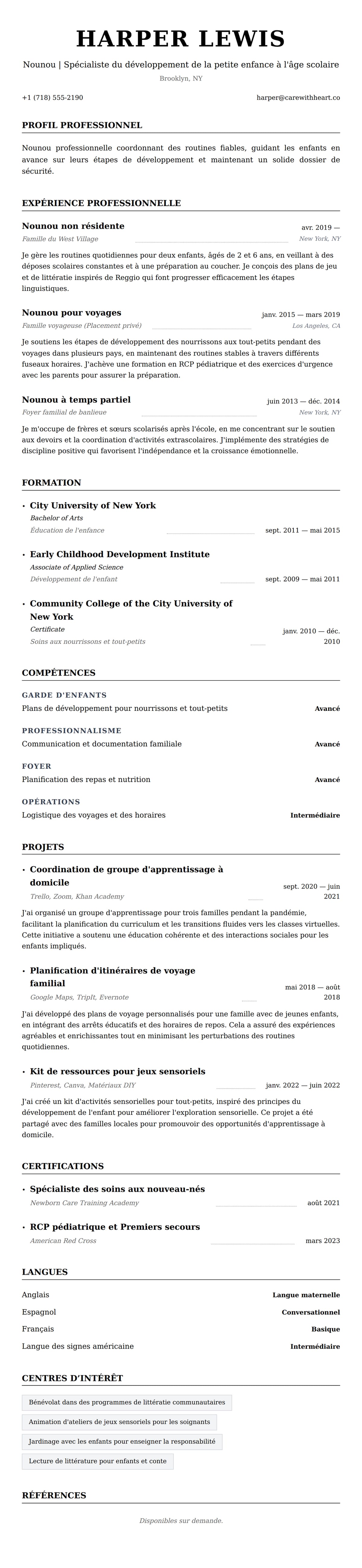 Aperçu du CV Exemple de CV de Nounou