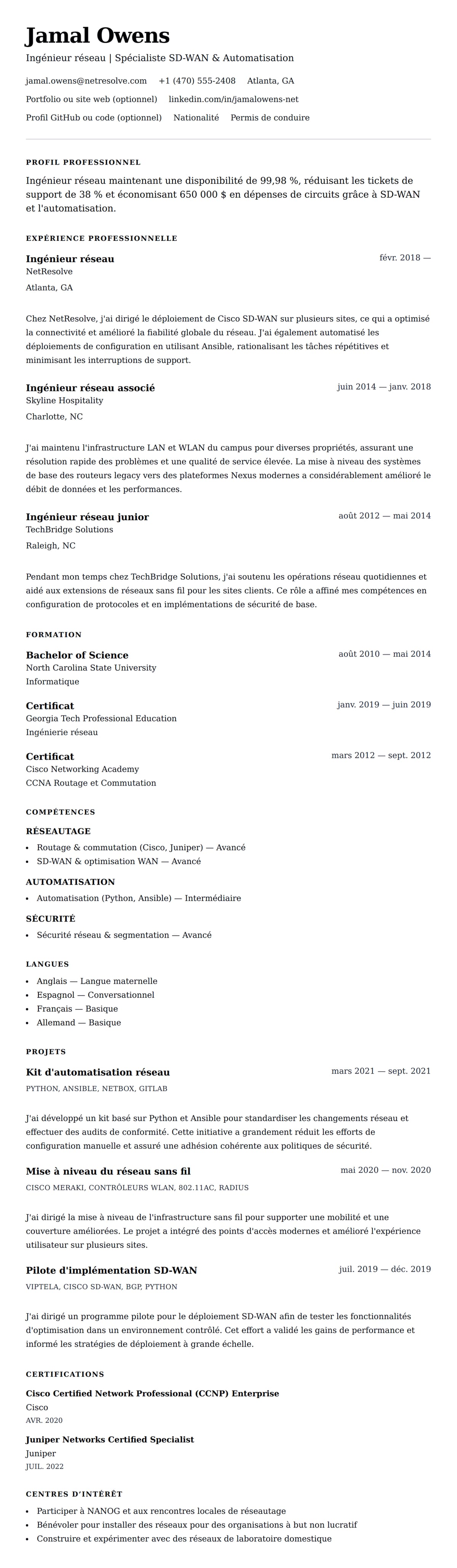 Aperçu du CV Exemple de CV d'Ingénieur réseau