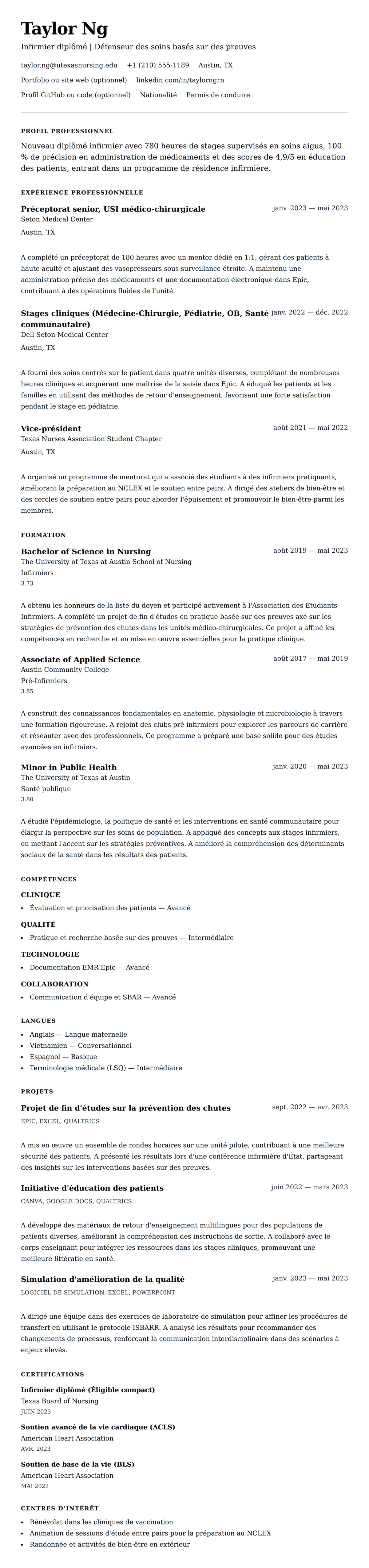 Aperçu du CV Exemple de CV pour un nouveau diplômé infirmier