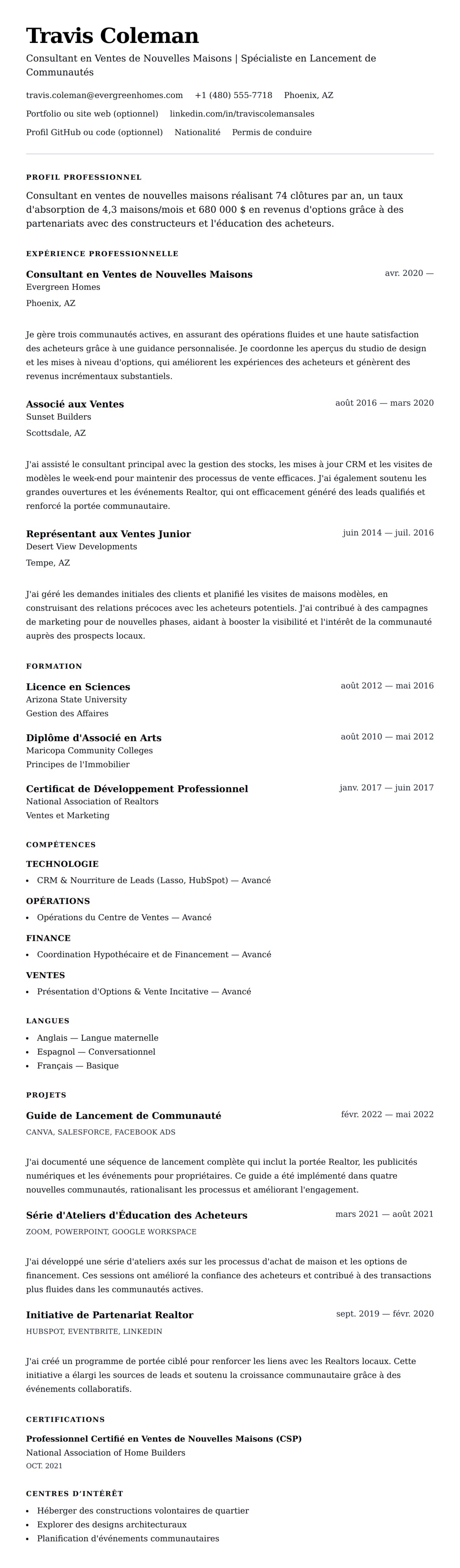 Aperçu du CV Exemple de CV de Consultant en Ventes de Nouvelles Maisons