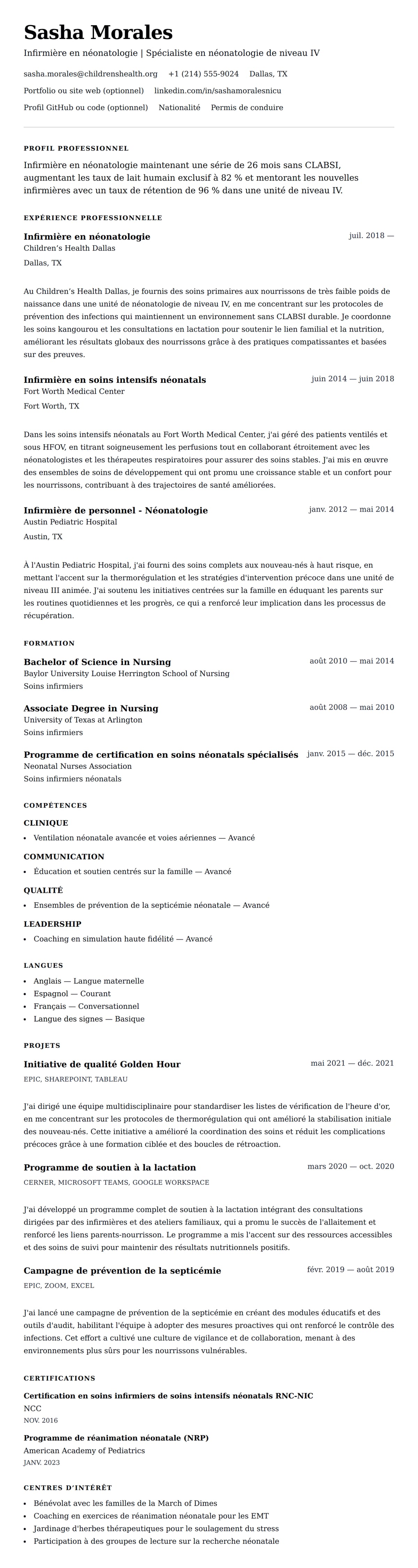 Aperçu du CV Exemple de CV d'infirmière en néonatologie