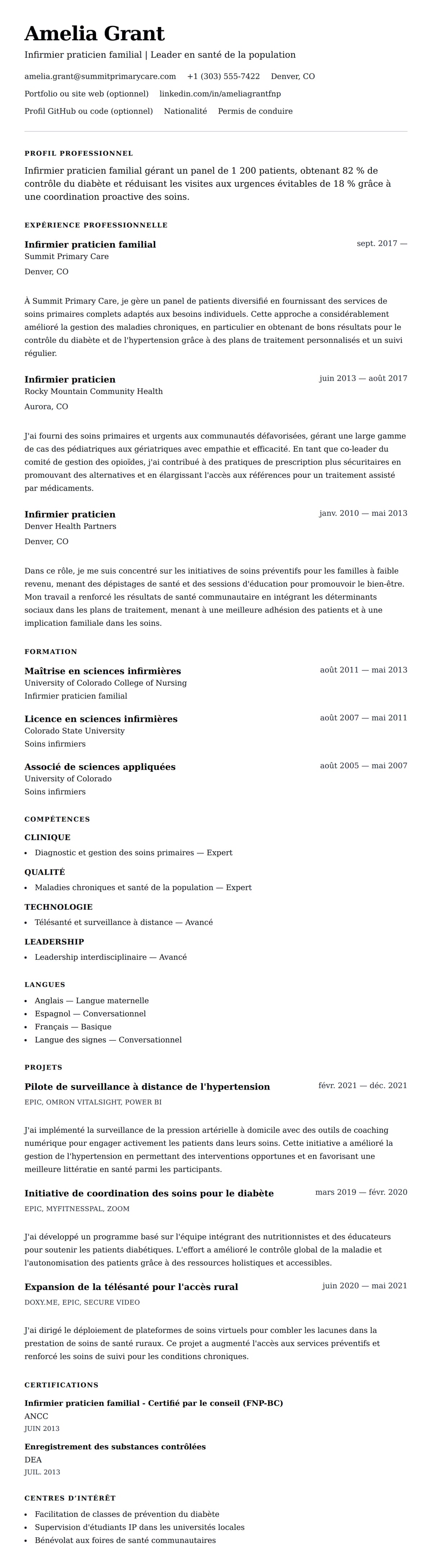 Aperçu du CV Exemple de CV d'infirmier praticien