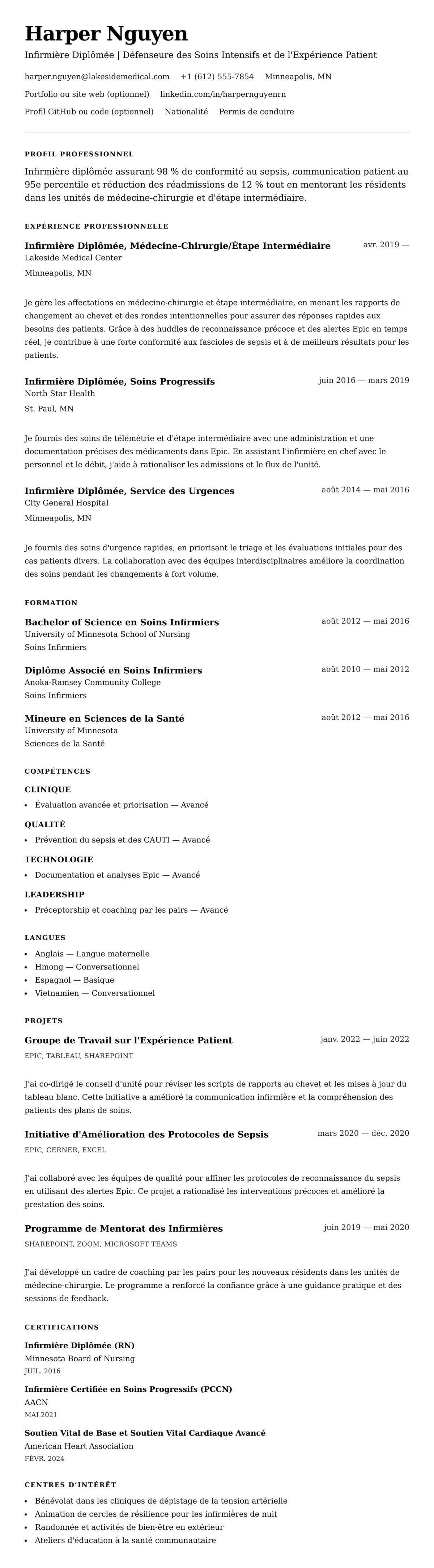 Aperçu du CV Exemple de CV d'Infirmière