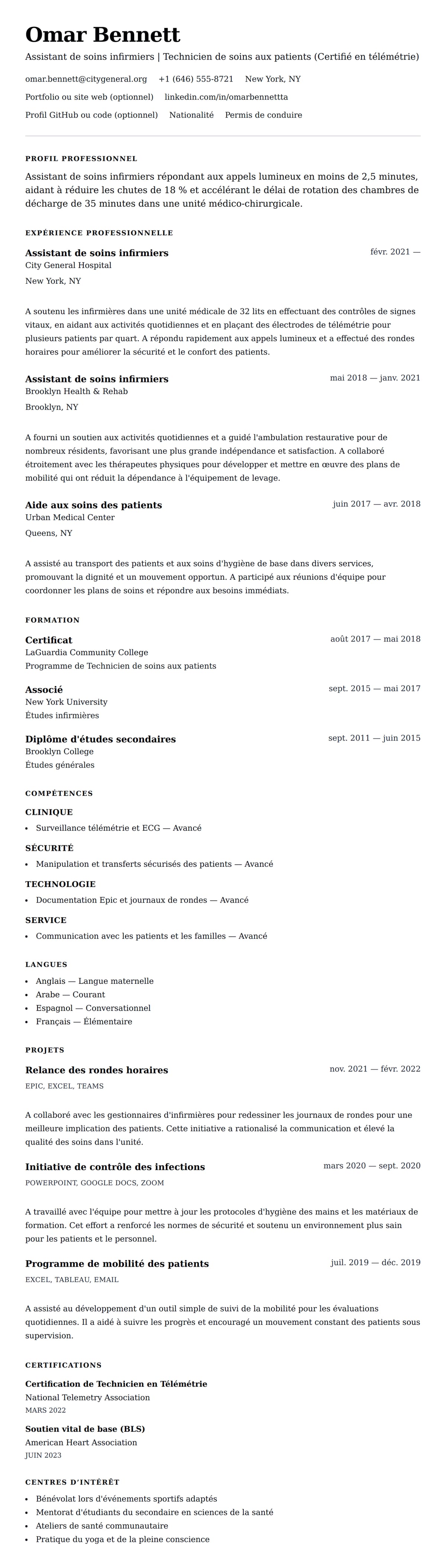 Aperçu du CV Exemple de CV d'Assistant de soins infirmiers