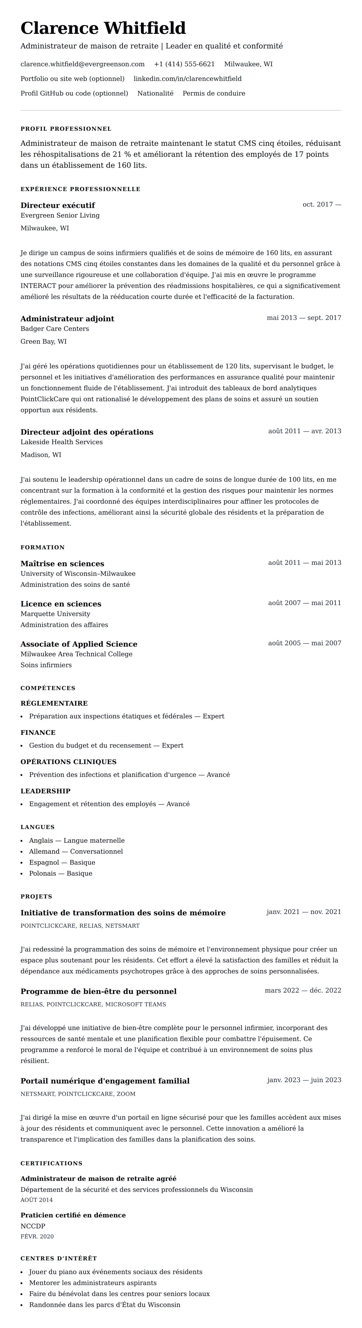 Aperçu du CV Exemple de CV d'Administrateur de maison de retraite