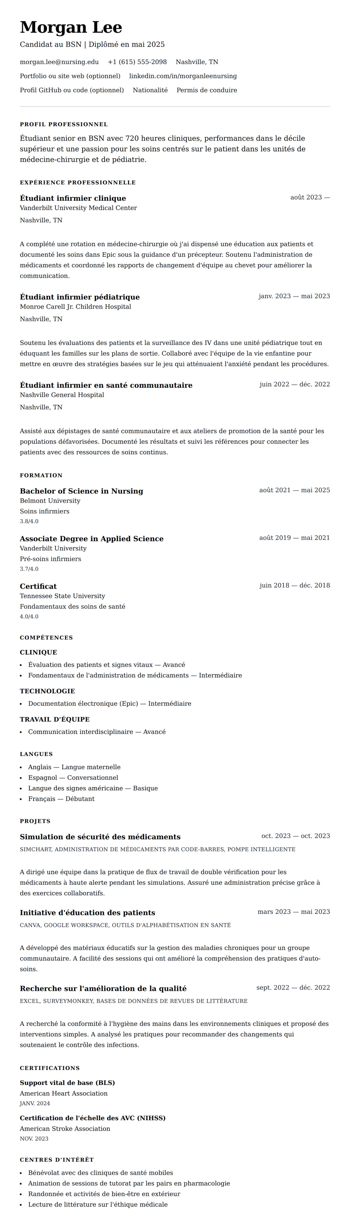 Aperçu du CV Exemple de CV pour étudiant en soins infirmiers