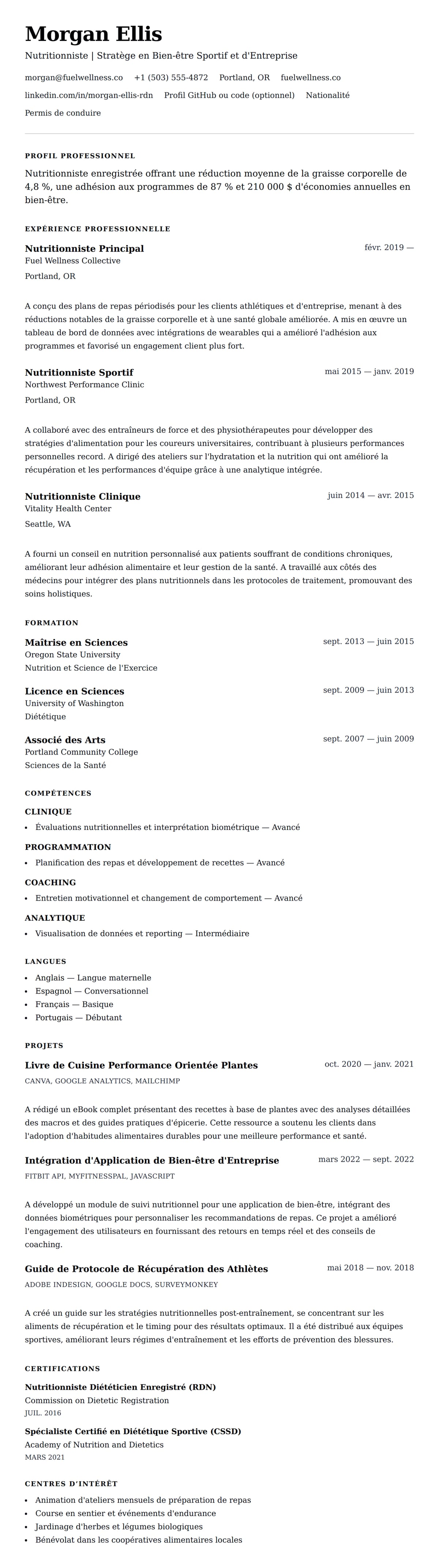 Aperçu du CV Exemple de CV de Nutritionniste