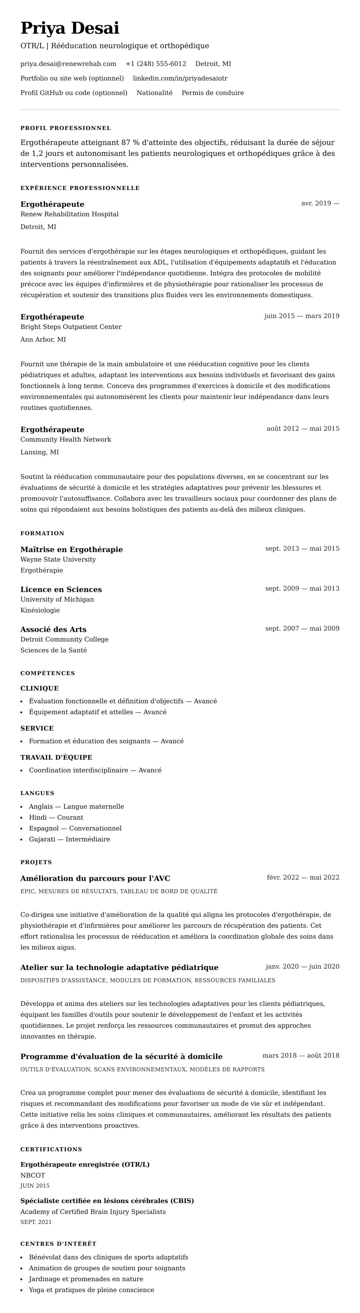 Aperçu du CV Exemple de CV d'Ergothérapeute