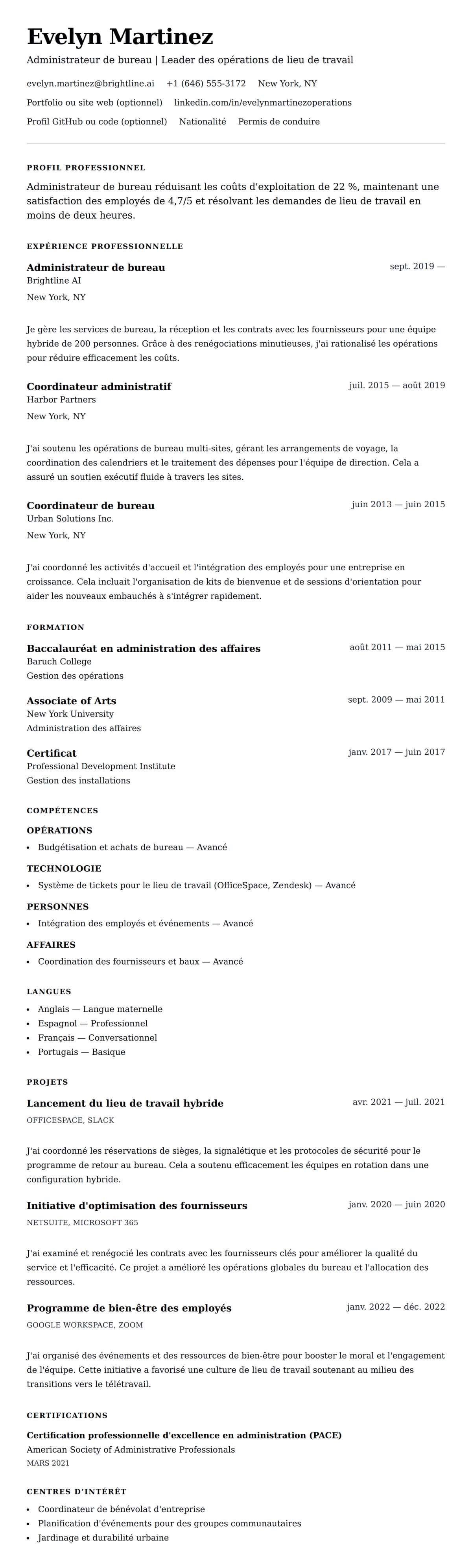 Aperçu du CV Exemple de CV d'Administrateur de bureau