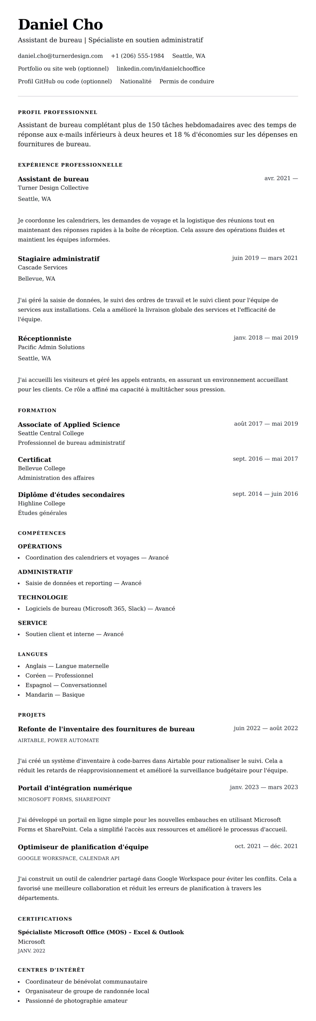 Aperçu du CV Exemple de CV pour Assistant de bureau