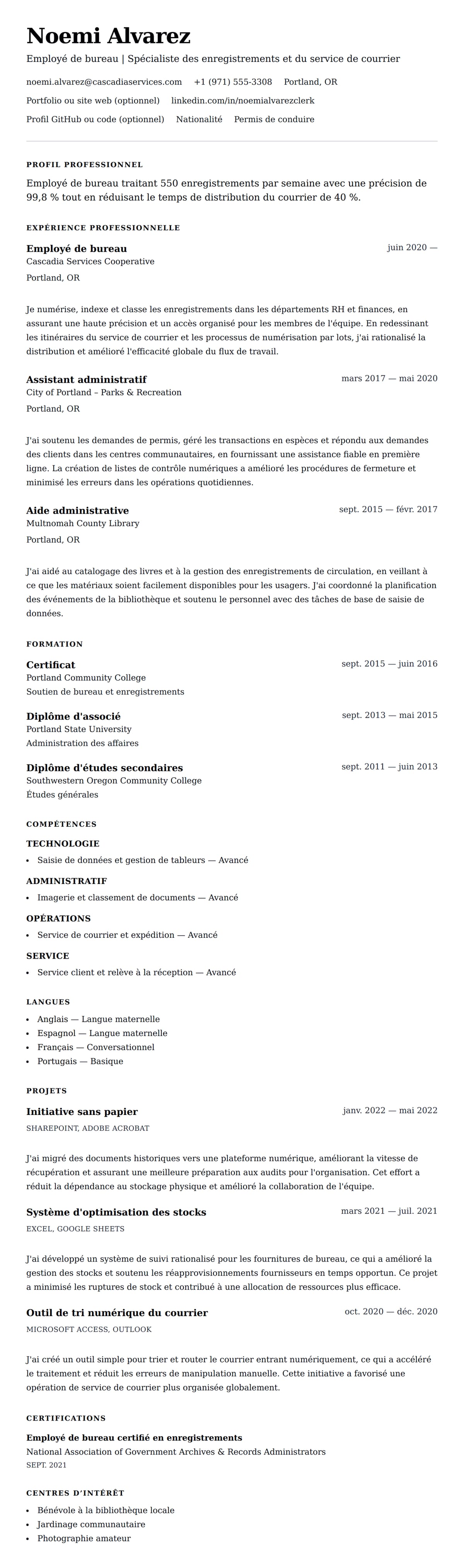 Aperçu du CV Exemple de CV d'employé de bureau