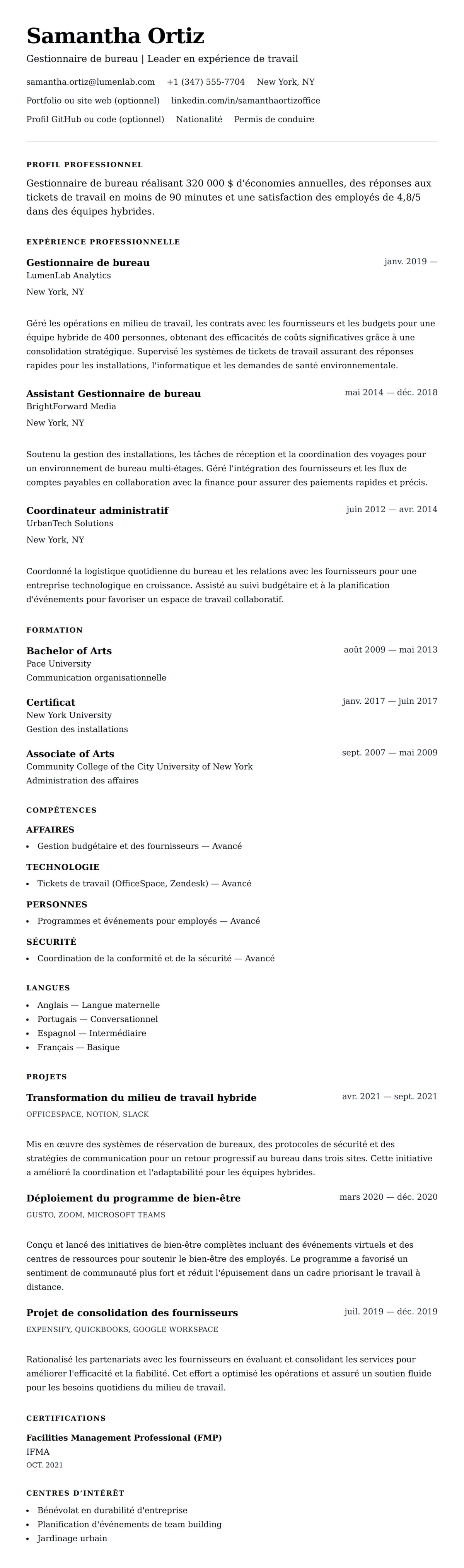 Aperçu du CV Exemple de CV de Gestionnaire de bureau