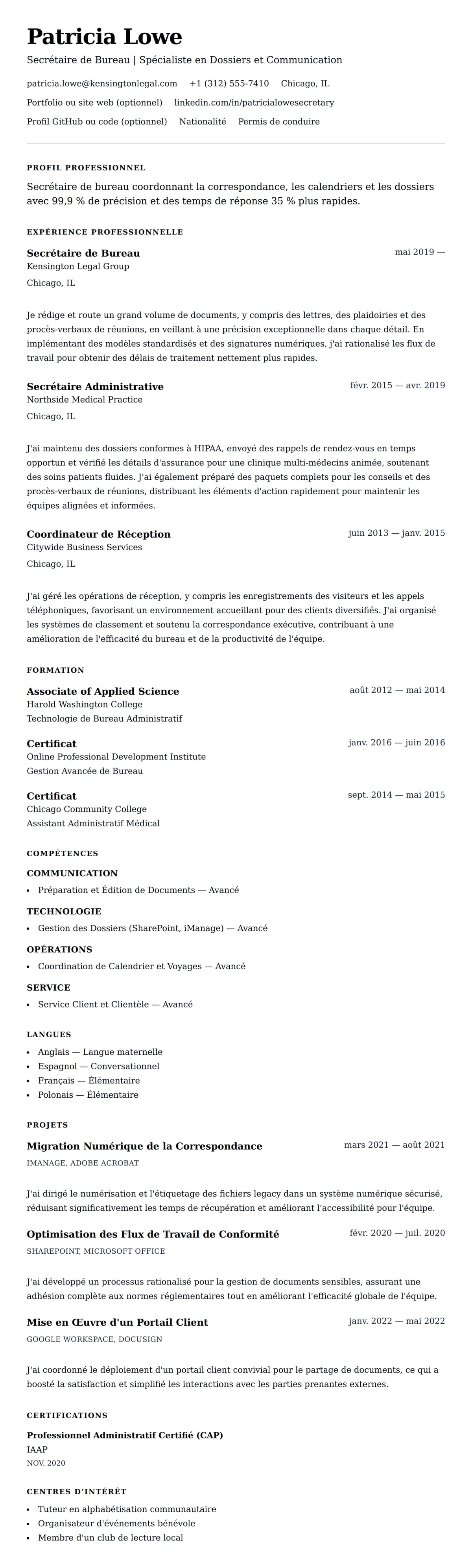 Aperçu du CV Exemple de CV de Secrétaire de Bureau