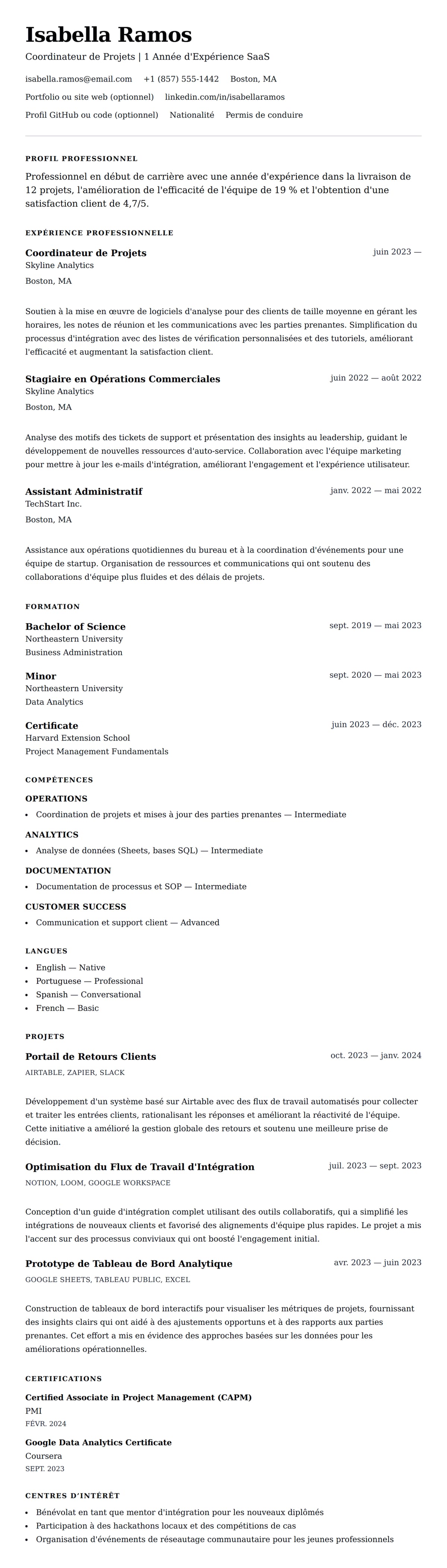 Aperçu du CV Exemple de CV pour Une Année d'Expérience