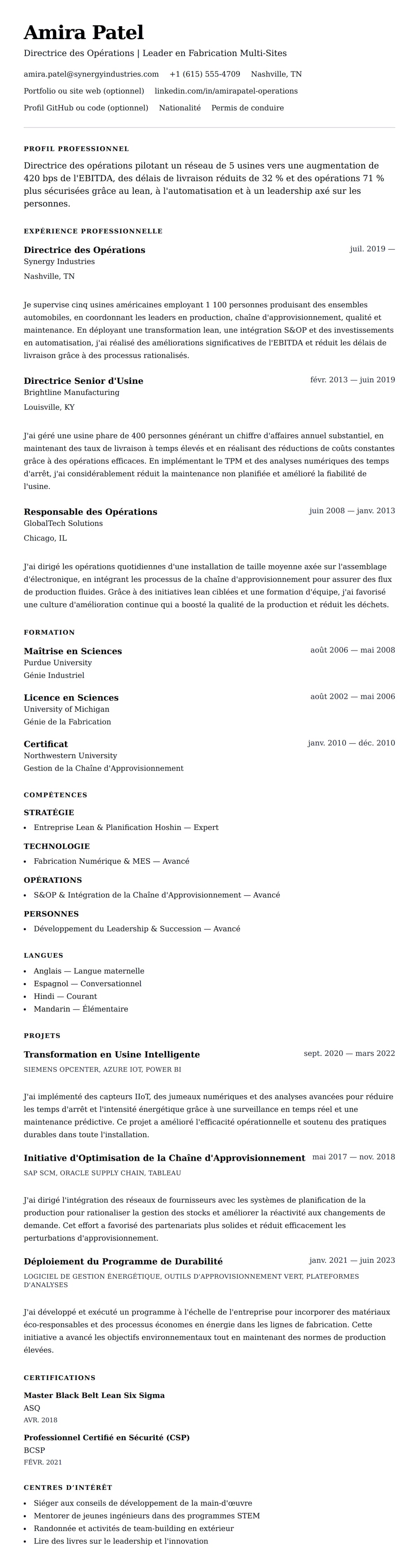 Aperçu du CV Exemple de CV de Directeur des Opérations