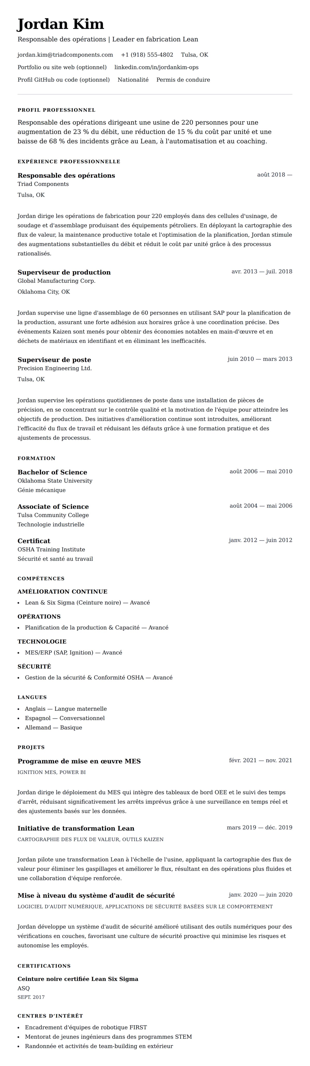 Aperçu du CV Exemple de CV de Responsable des opérations