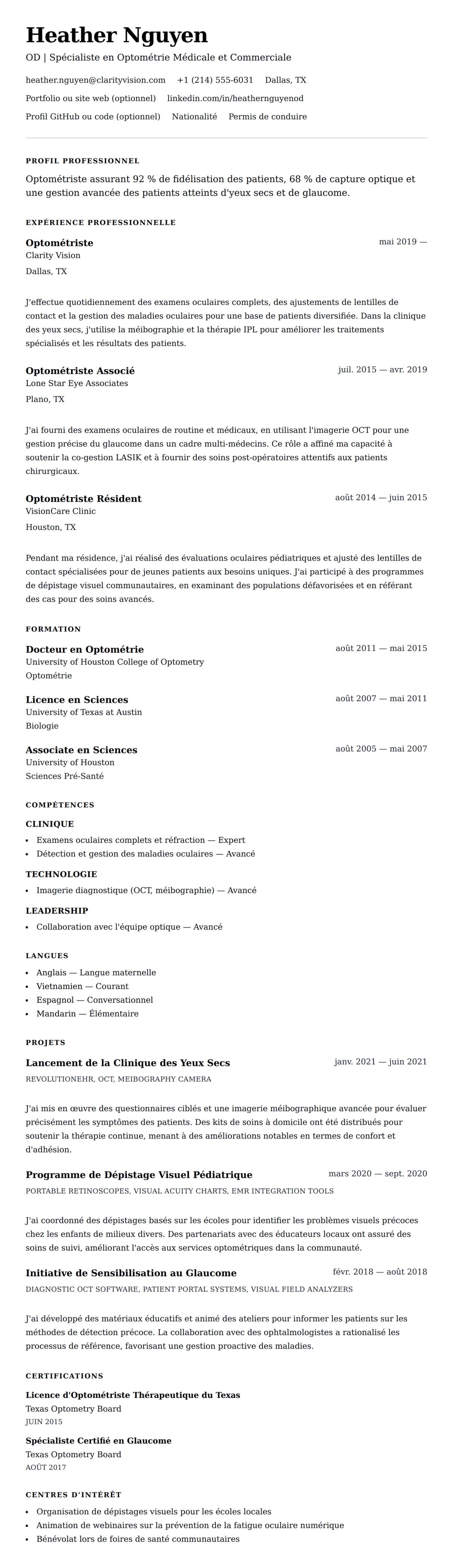 Aperçu du CV Exemple de CV d'Optométriste
