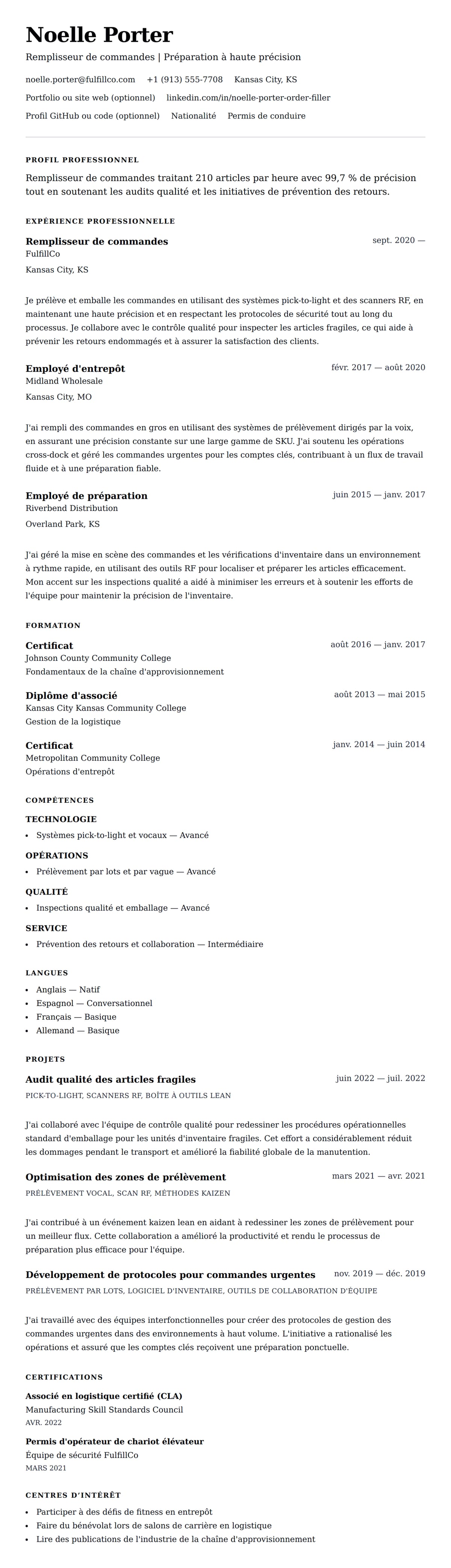 Aperçu du CV Exemple de CV de Remplisseur de commandes