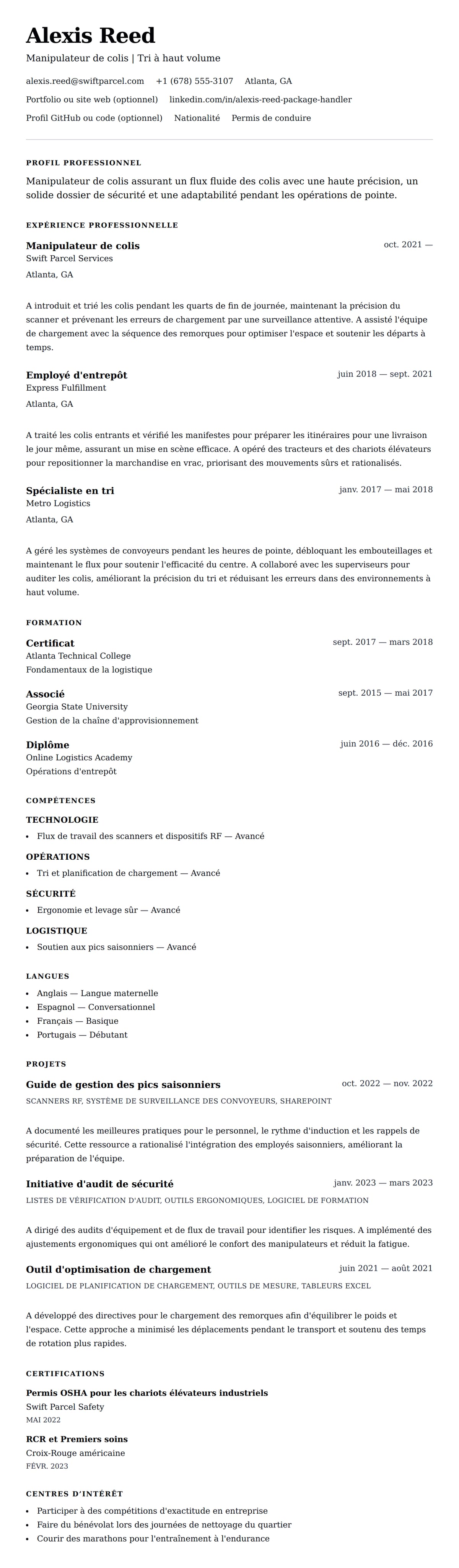 Aperçu du CV Exemple de CV de Manipulateur de colis