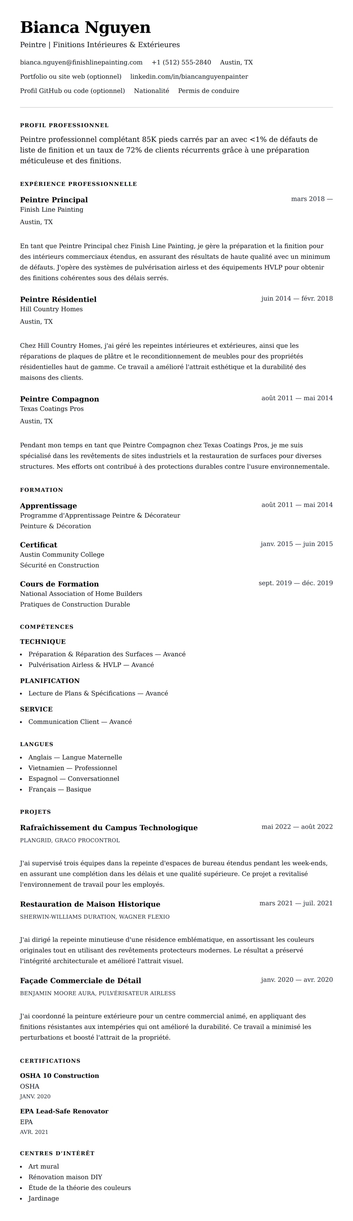 Aperçu du CV Exemple de CV de Peintre