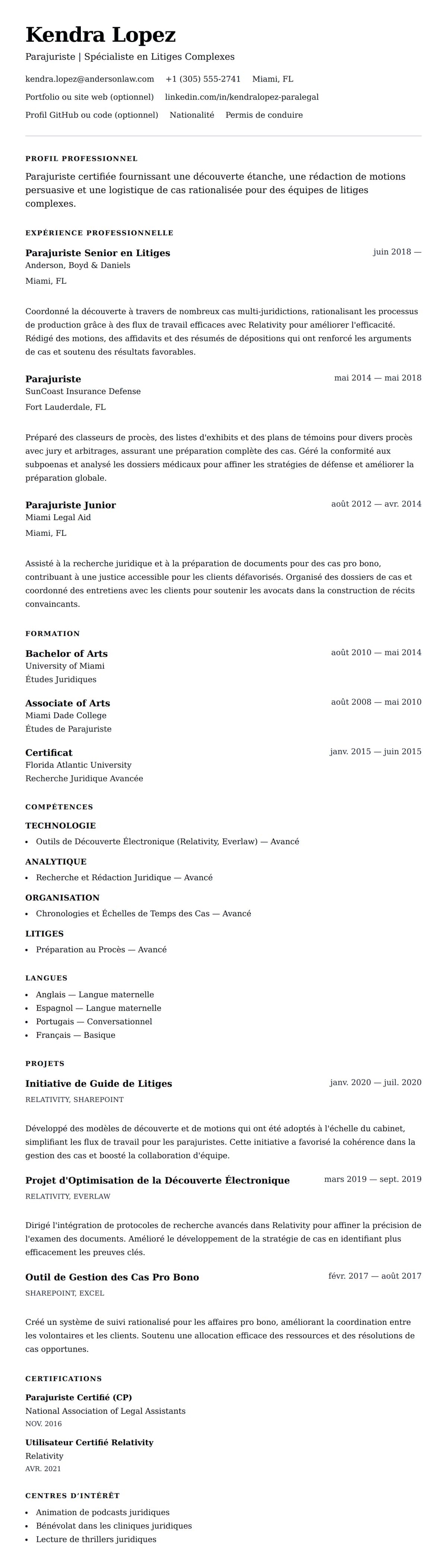 Aperçu du CV Exemple de CV de Parajuriste
