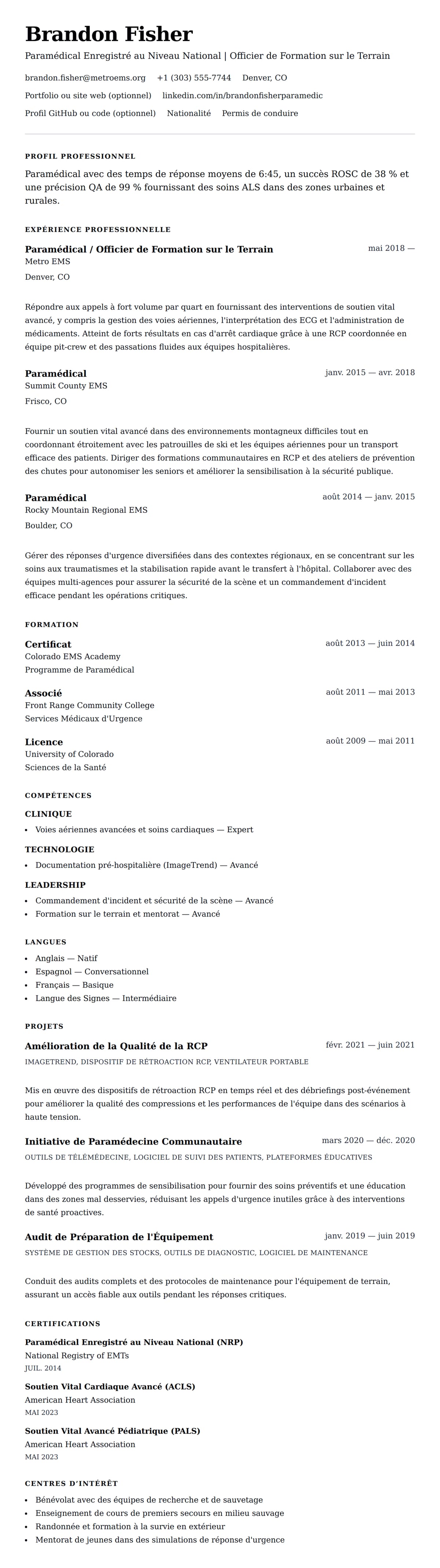 Aperçu du CV Exemple de CV de Paramédical