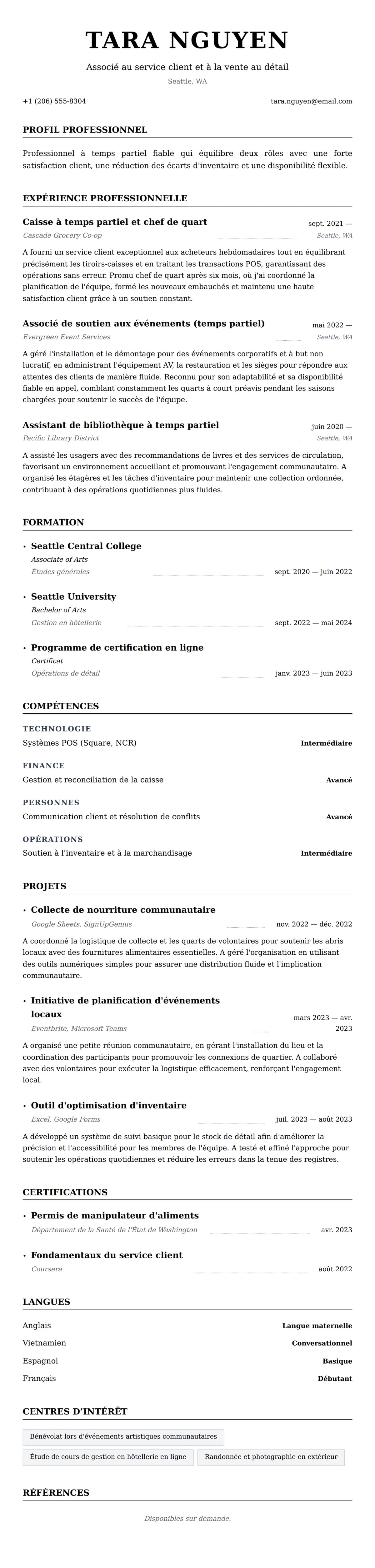 Aperçu du CV Exemple de CV pour un emploi à temps partiel