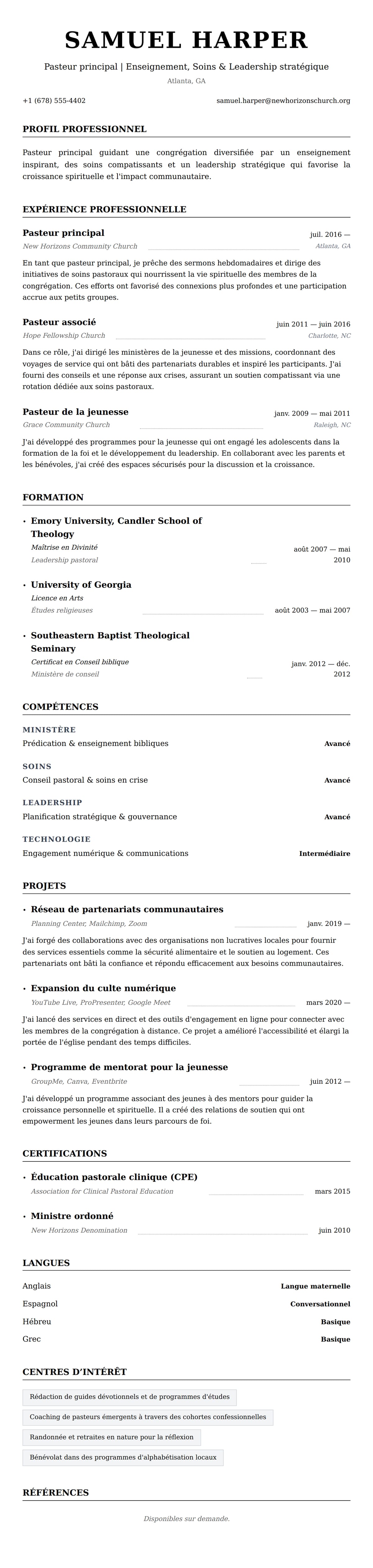 Aperçu du CV Exemple de CV de Pasteur