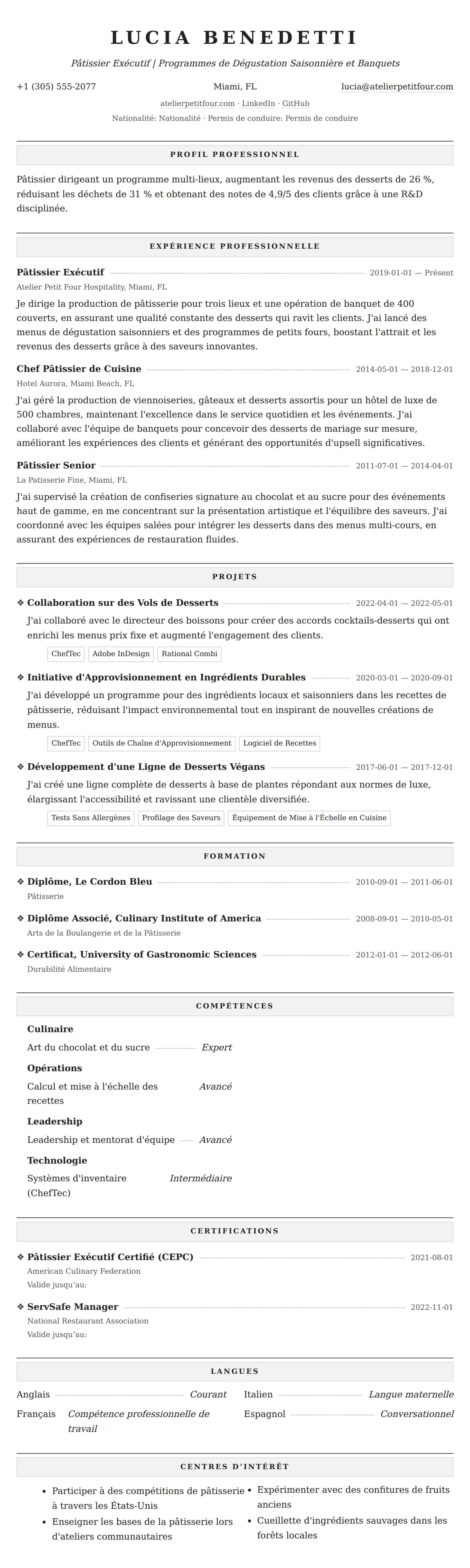 Aperçu du CV Exemple de CV de Pâtissier