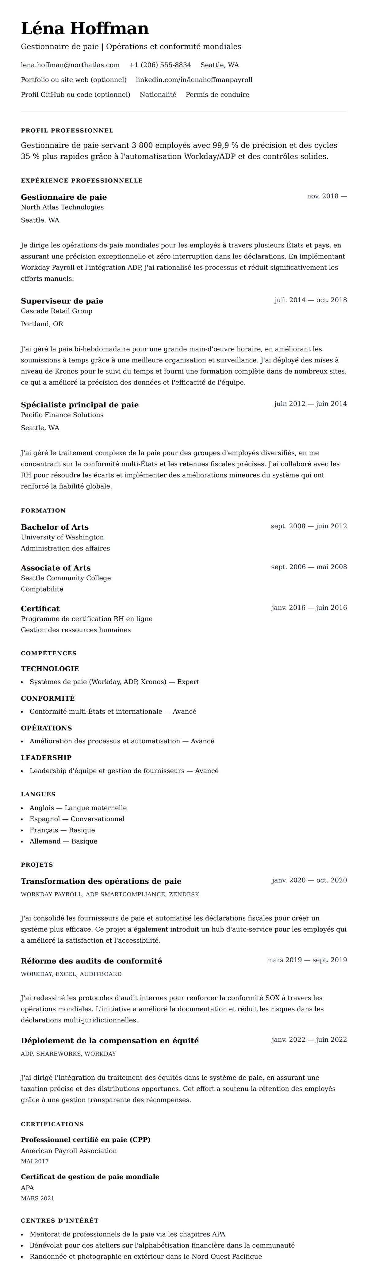 Aperçu du CV Exemple de CV de Gestionnaire de paie