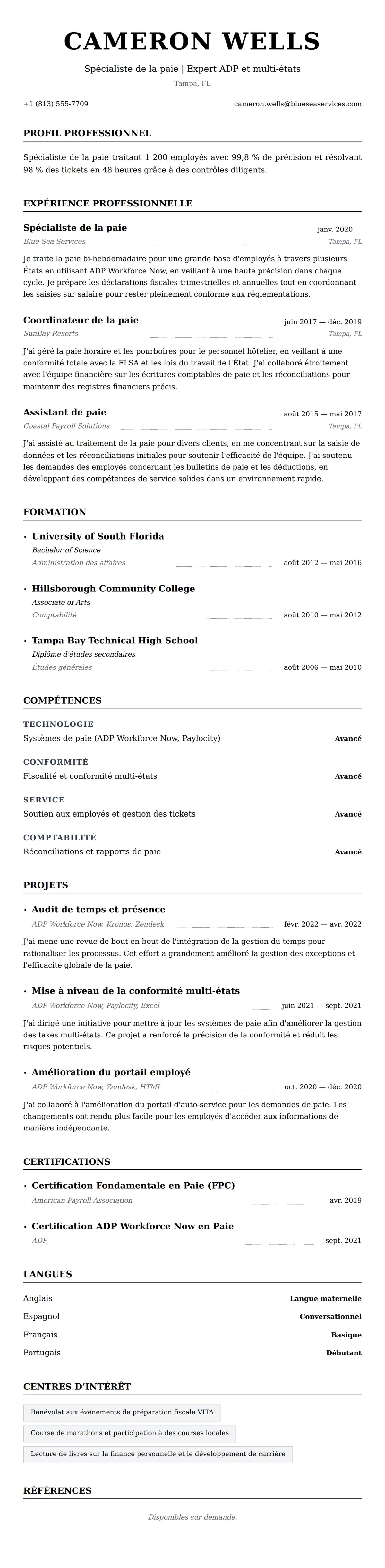 Aperçu du CV Exemple de CV de Spécialiste de la paie