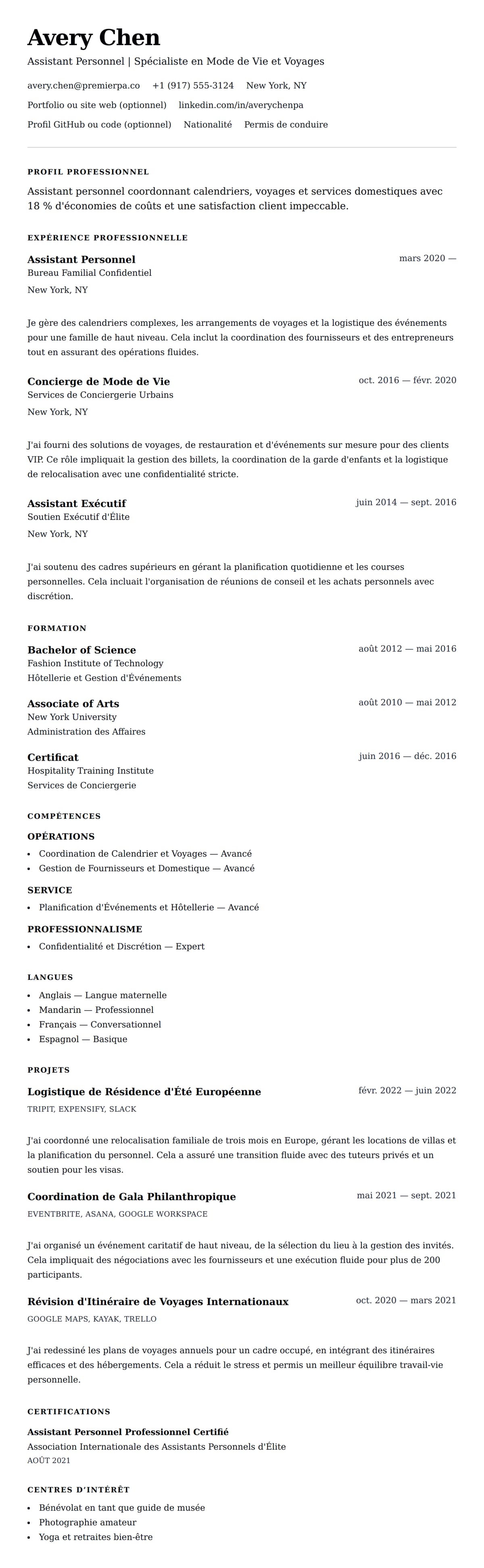 Aperçu du CV Exemple de CV d'Assistant Personnel
