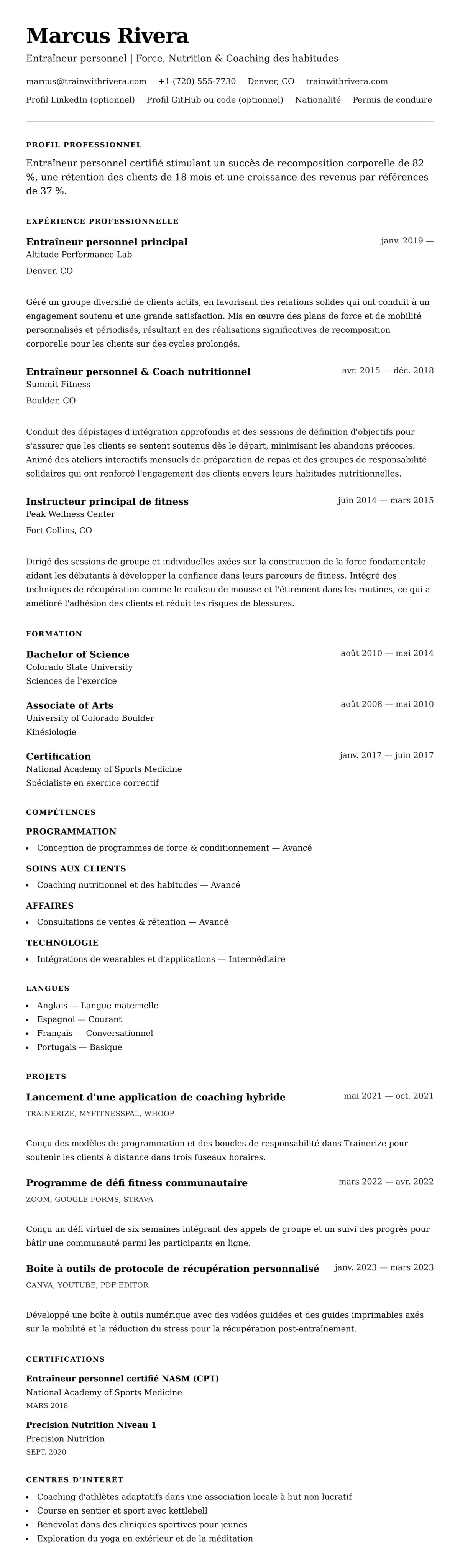 Aperçu du CV Exemple de CV d'Entraîneur personnel