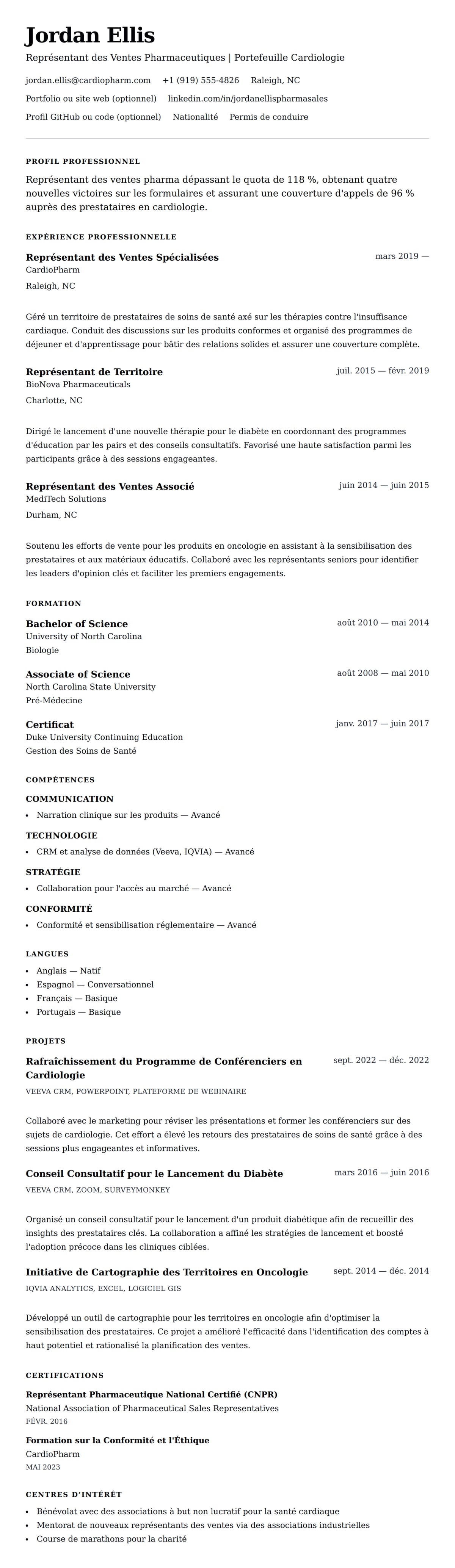 Aperçu du CV Exemple de CV de Représentant des Ventes Pharmaceutiques