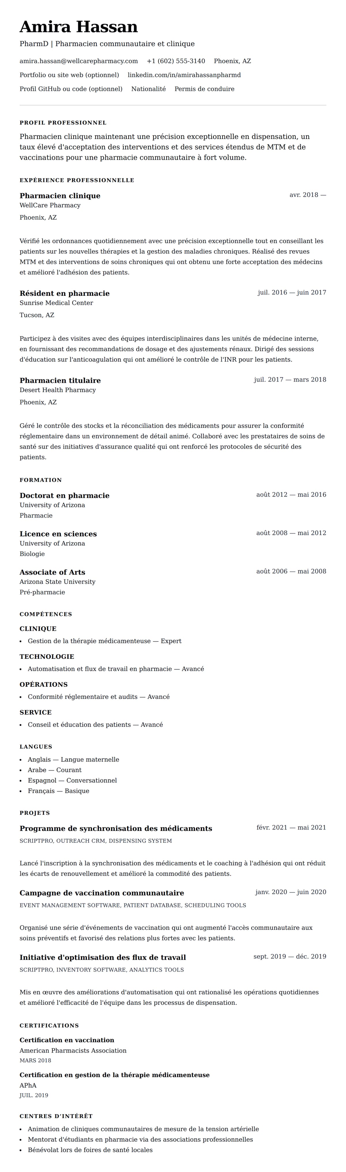 Aperçu du CV Exemple de CV de Pharmacien
