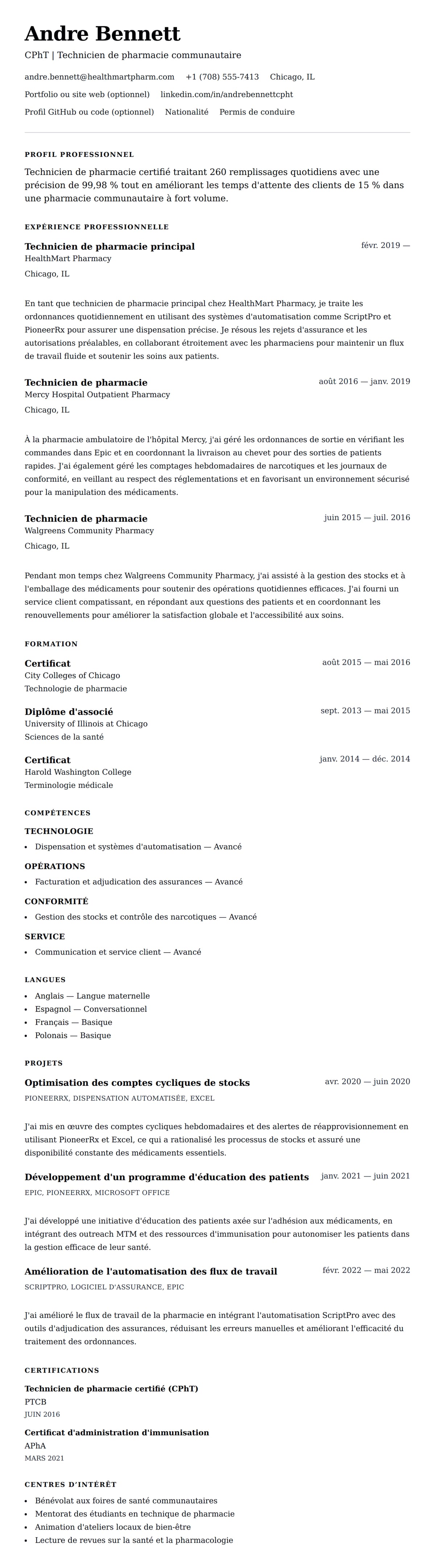 Aperçu du CV Exemple de CV de Technicien de pharmacie
